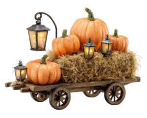 Rustic pumpkin cart with hay bales, glowing lanterns, autumn harvest, and cozy seasonal decor create warm, festive atmosphere for fall celebrations and Thanksgiving