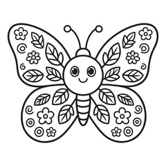  A black and white line art illustration of a large, charming butterfly with symmetrical wings adorned with repeating leaf and floral patterns. 