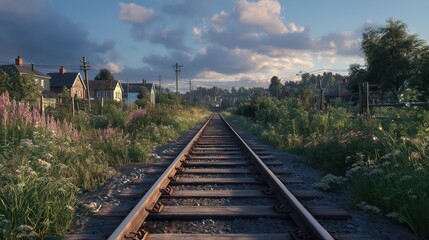 Fototapeta premium Railroad Tracks Running Through Rural Green Landscape in Sunset Light