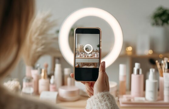 Influencer creating engaging content for beauty products with smartphone