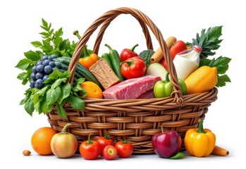 a market basket filled with colorful vegetables lean meat grains dairy and fruits representing a balanced nutrient shopping concept
