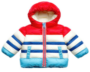 Colorful winter jacket puffer style with red blue and white stripes hooded insulated and designed for children isolated on transparency background cozy and warm