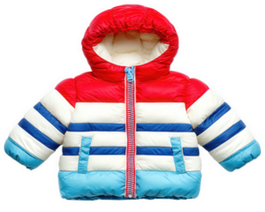 Colorful winter jacket puffer style with red blue and white stripes hooded insulated and designed for children isolated on transparency background cozy and warm