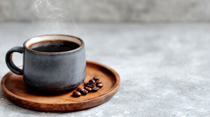 Dark Grey Ceramic Coffee Cup with Roasted Beans on Wooden Tray, Steam Rising, Grey Textured Background