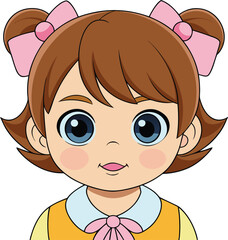 A cute toddler girl with brown hair and pink bows smiles sweetly at the camera, exuding childlike innocence and joy.