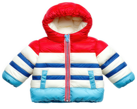 Colorful winter jacket puffer style with red blue and white stripes hooded insulated and designed for children isolated on transparency background cozy and warm