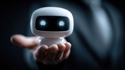 AI chatbot sits on businessmanÃ¢Â?Â?s hand, symbolizing smart interaction, digital assistant use, and transformation in client communication