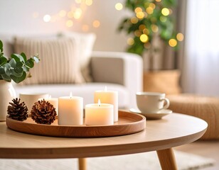 A warm and inviting living room with lit candles, pinecones, and a cup of tea on a wooden table