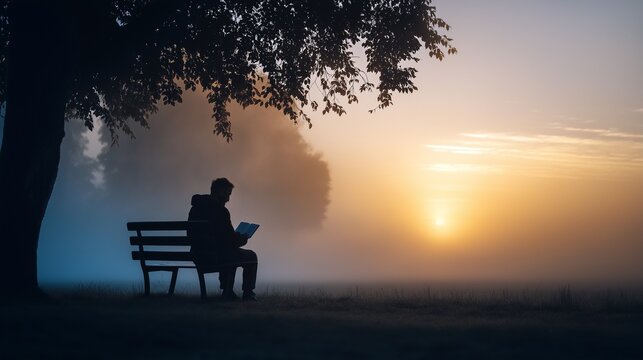 Silhouette of individual sitting on bench, reading bible in serene, foggy outdoor environment at sunrise