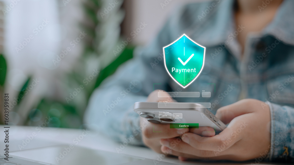 Poster close-up of person using smartphone with digital payment security interface. concept of mobile banki