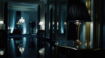 A luxurious living room with a black lamp and a chandelier.