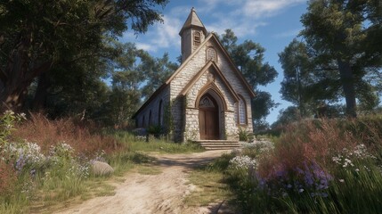 Picturesque church nestled in a serene natural landscape with trees, a dirt path and a blue sky.