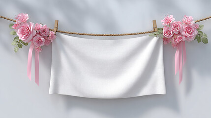 Soft white fabric banner hanging on a natural rope decorated with delicate pink roses and green leaves for elegant floral background and spring design