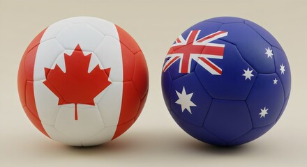 two football balls adorned in the colors of the Australia Canada flags, symbolizing an exciting clash between footballing nations