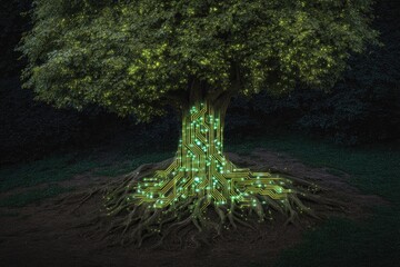 Glowing tree roots in dark forest