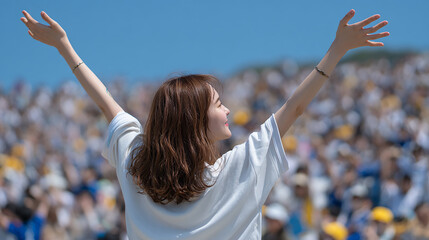 A joyful woman raising her arms in celebration at a crowded outdoor sports stadium under a clear blue sky
