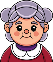 A cheerful elderly woman with lavender hair smiles gently, wearing a red collared shirt against a white background.