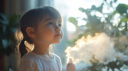 Portrait of a Cute Young Girl Looking Out a Window in Warm Sunlight