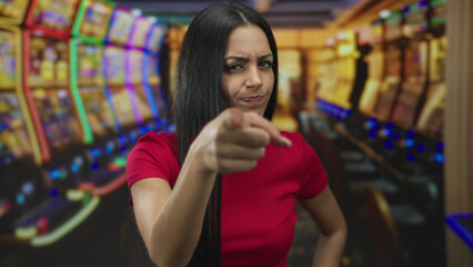 Woman pointing finger in colorful casino setting with slot machines blurred in background...