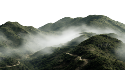 Winding mountain path shrouded in ethereal mist on a lush green landscape isolated on transparent background