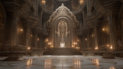 Ornate, gothic cathedral interior with elaborate decorations, symmetrical design and soft lighting