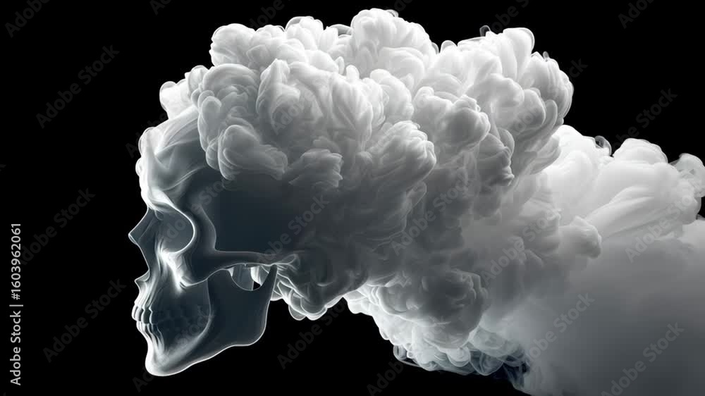 Poster artistic representation of a human skull emerging from swirling clouds of smoke, creating a dramatic