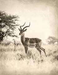A vintage-style photograph of a male impala with long, curving horns standing alertly in tall, dry grass. The image has a warm, sepia tone and the texture of old paper.