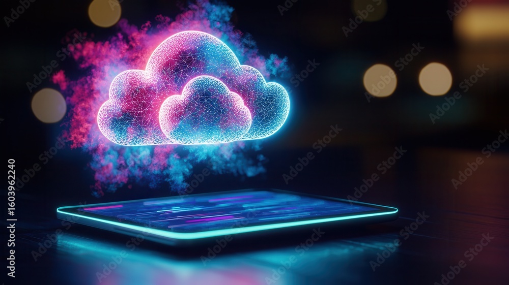 Poster digital cloud tablet, data transferring to computing symbolizing wireless technology and data storag