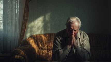 A man deep in thought and prayer in a dimly lit room sitting on old sofa with sunlight shinning in