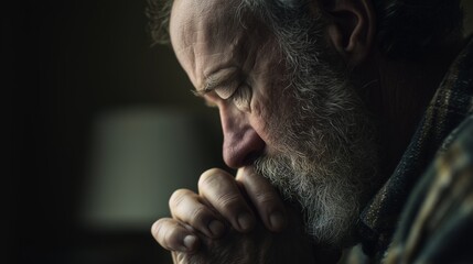 Thoughtful man praying or deep in contemplation, with hands clasped and eyes closed, creating a sense of introspection