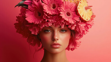 Portrait of a Woman with a Pink Floral Crown and Pineapple Accents