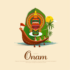 Minimal and creative illustration with decorated background of Onam celebration of India. Kerla festival banner, poster, greeting card. vector illustration.