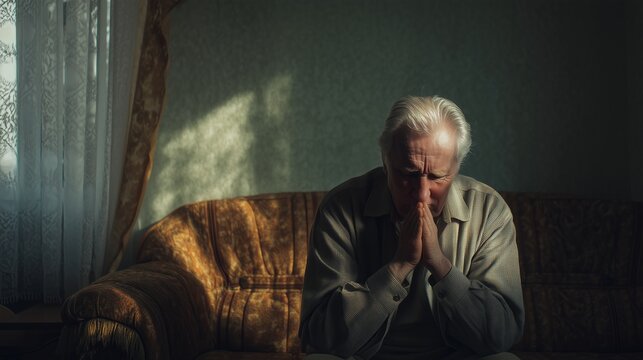 A man deep in thought and prayer in a dimly lit room sitting on old sofa with sunlight shinning in