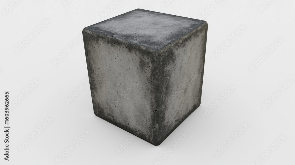 Poster a gray cube with a rough texture and a slightly worn appearance.
