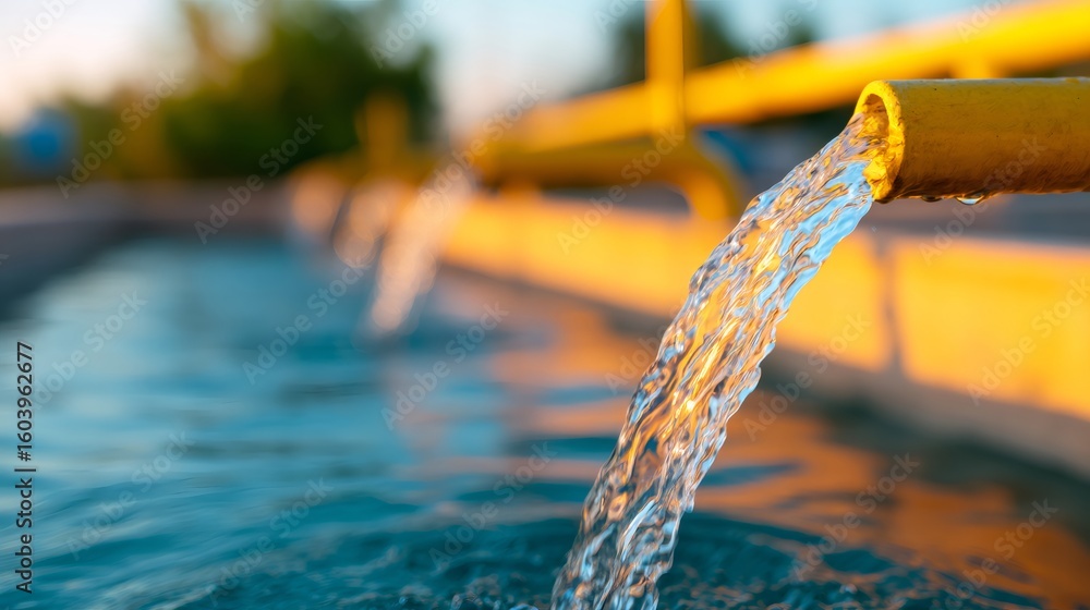 Poster clear fresh water stream flowing from a yellow pipe into a pool with ripples. water resource and env