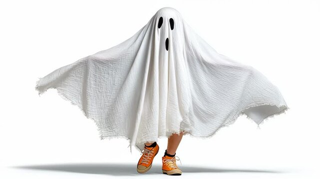 Child dressed in a playful ghost costume made from a white sheet, wearing bright orange sneakers, is joyfully running across a clean white background, embodying the spirit of Halloween fun and creativ