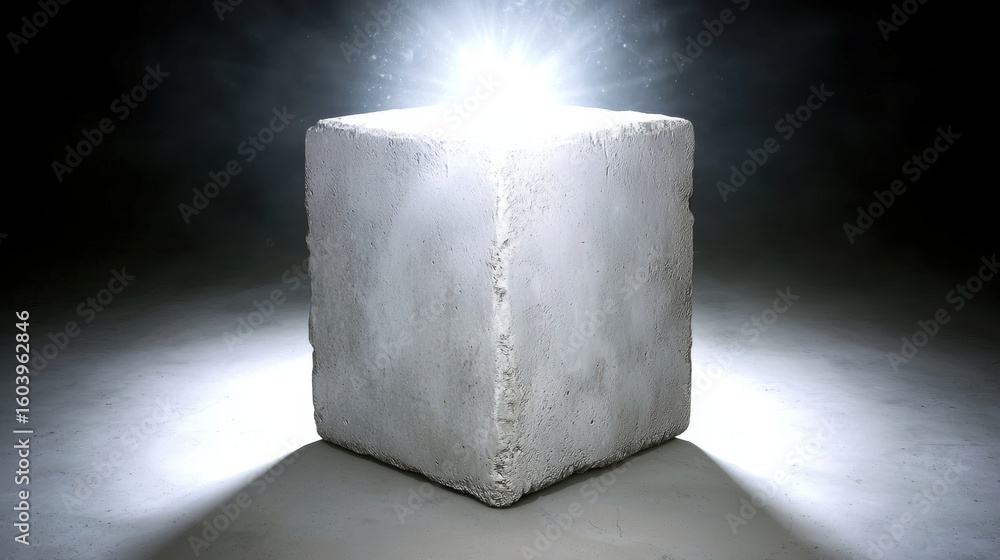 Poster a white cube with a light shining on it.