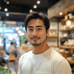 Portrait of a Young Asian Man Smiling in a Casual Beige T Shirt, Soft Lighting, Blurred Shop Background