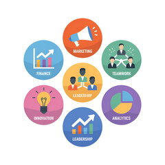 Fototapeta premium Set of Flat Vector Icons Depicting Finance Teamwork Leadership Marketing Analytics and Innovation Concepts in Vibrant Colors isolated on a transparent background