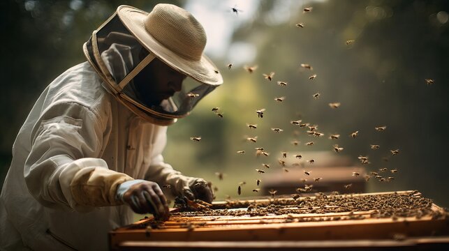 Male beekeeper working among buzzing bees in soft natural light.