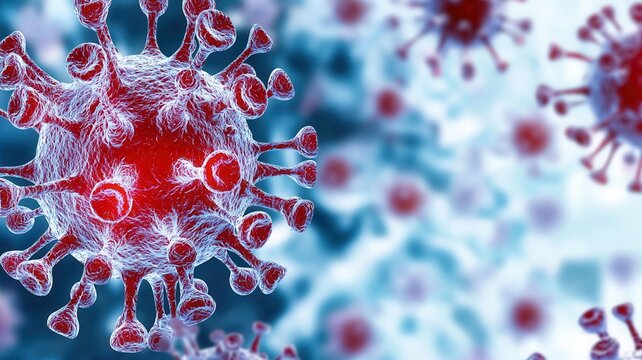 Microscopic view infecting, of cells propagating and virus potentially representing a health crisis