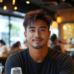 Portrait of a Young Smiling Man with Freckles in a Casual Black T Shirt at a Cafe
