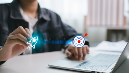 Businessman launching startup with rocket icon aiming at target. Concept of business goal...
