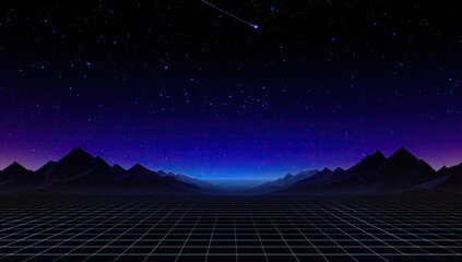 Retro futuristic landscape under a night sky