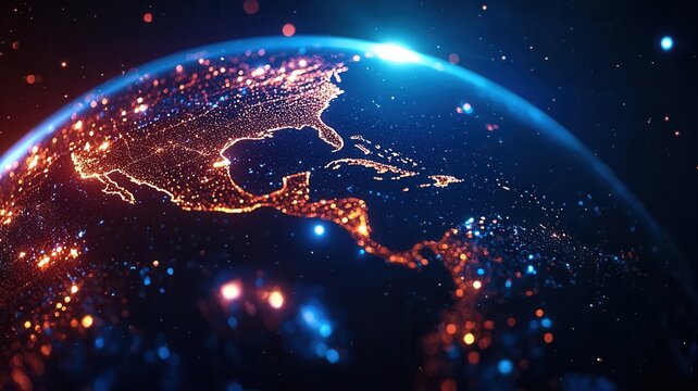 North and central america glowing at night on planet earth rotating in space, seen from space with city lights - Powered by Adobe