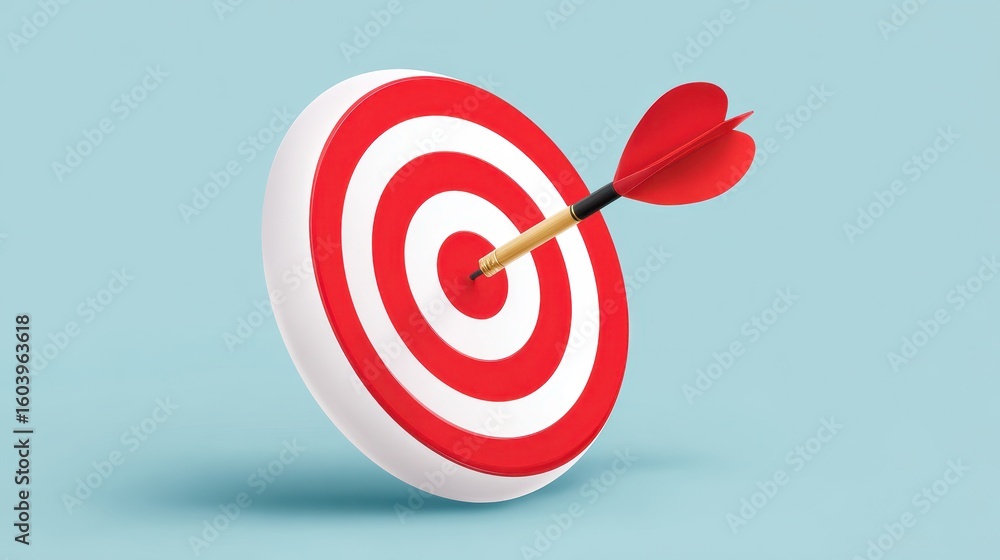 Poster a dartboard with a red and white target design and a dart embedded, symbolizing focus and goal achie