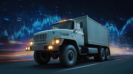 A truck with a container drives through a city street, illuminated by vibrant lights and a backdrop of digital graphs.