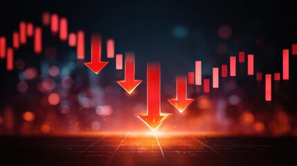 Stock market decline represented by downward arrows and a fluctuating graph against a blurred red and black background.