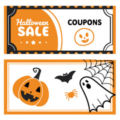 Two halloween themed coupons with pumpkin, ghost, bat, and spiderweb illustrations and halloween sale text