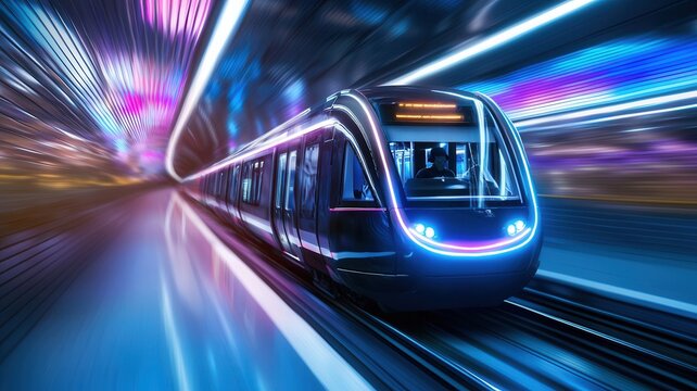 High futuristic train speeding through neon lit tunnel, generating speed visual with sleek design and vibrant illumination - Powered by Adobe